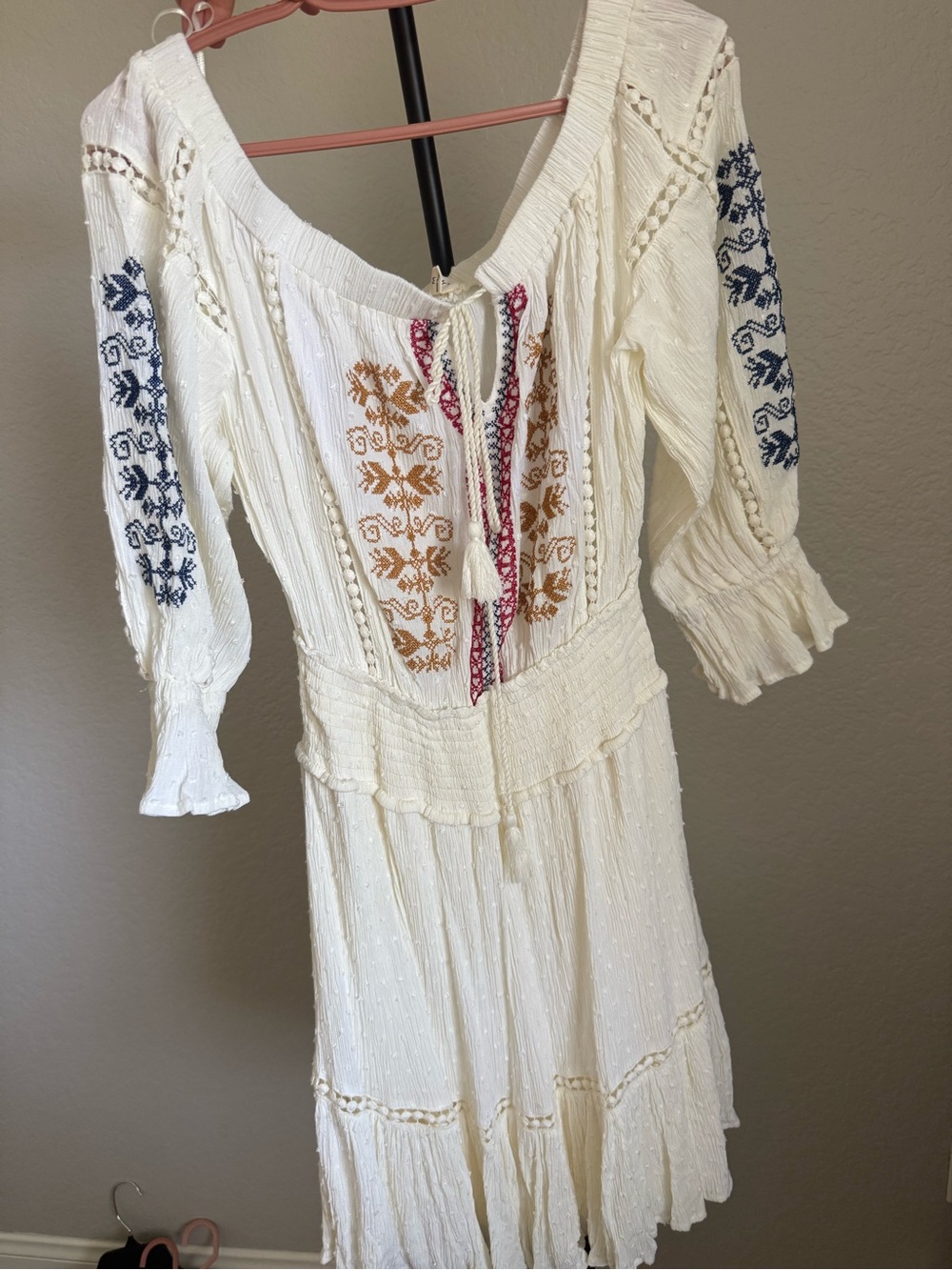 vici veranda embroidered swiss dot off the shoulder dress ivory M